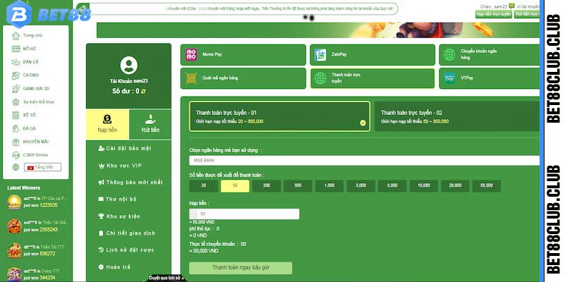 Nạp tiền Bet88 thông qua thanh toán trực tuyến